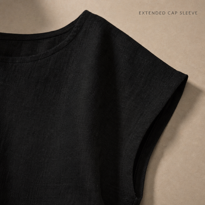 Claudette Cap Sleeve Linen Top — 06_detail_stack_neckline