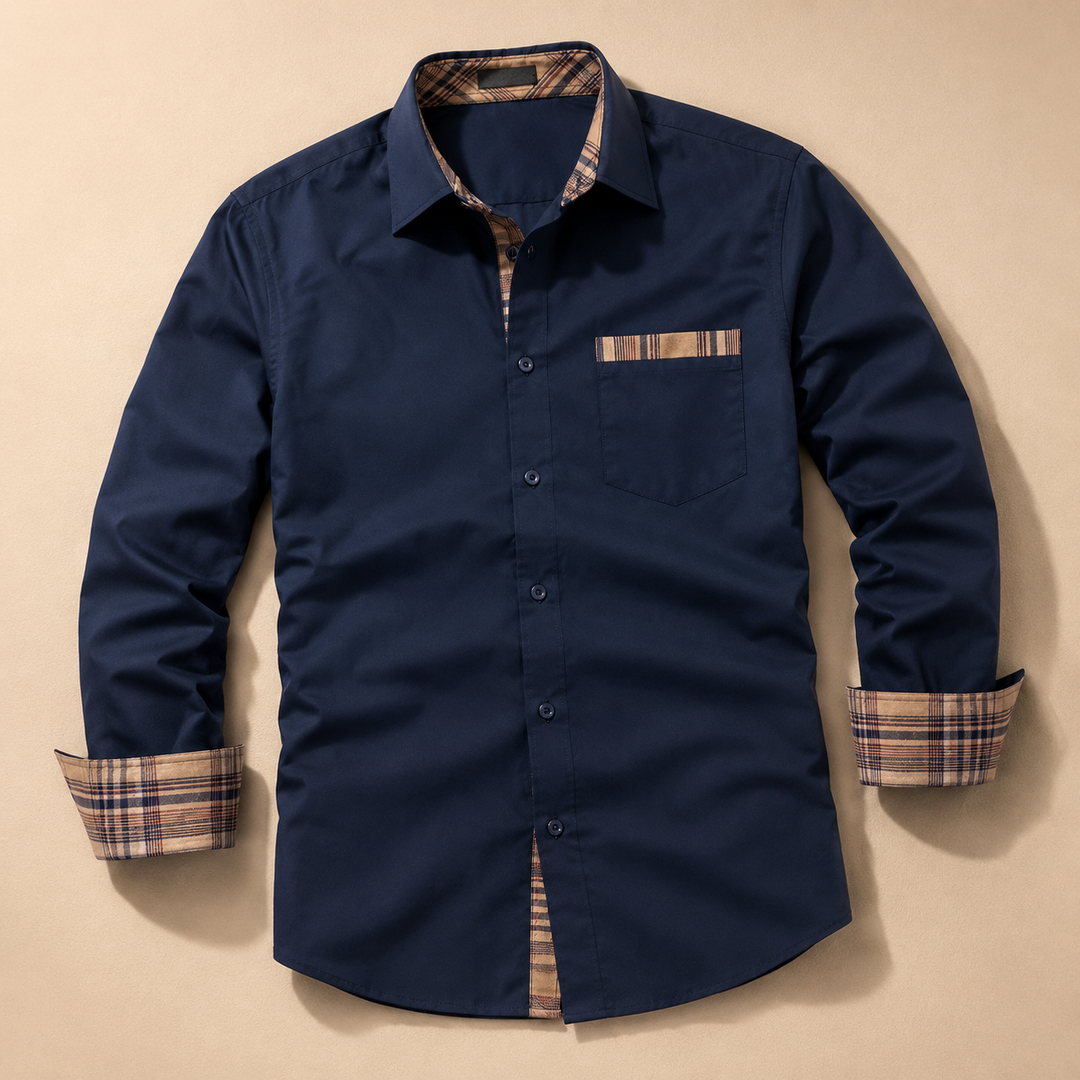 Tartan Trim Dress Shirt — 01_clean_hero_flatlay