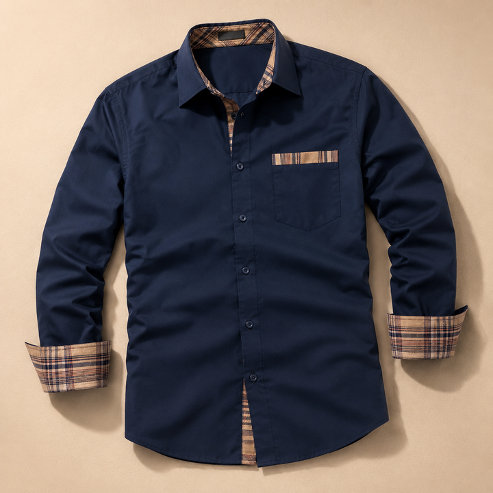 Tartan Trim Dress Shirt — 01_clean_hero_flatlay