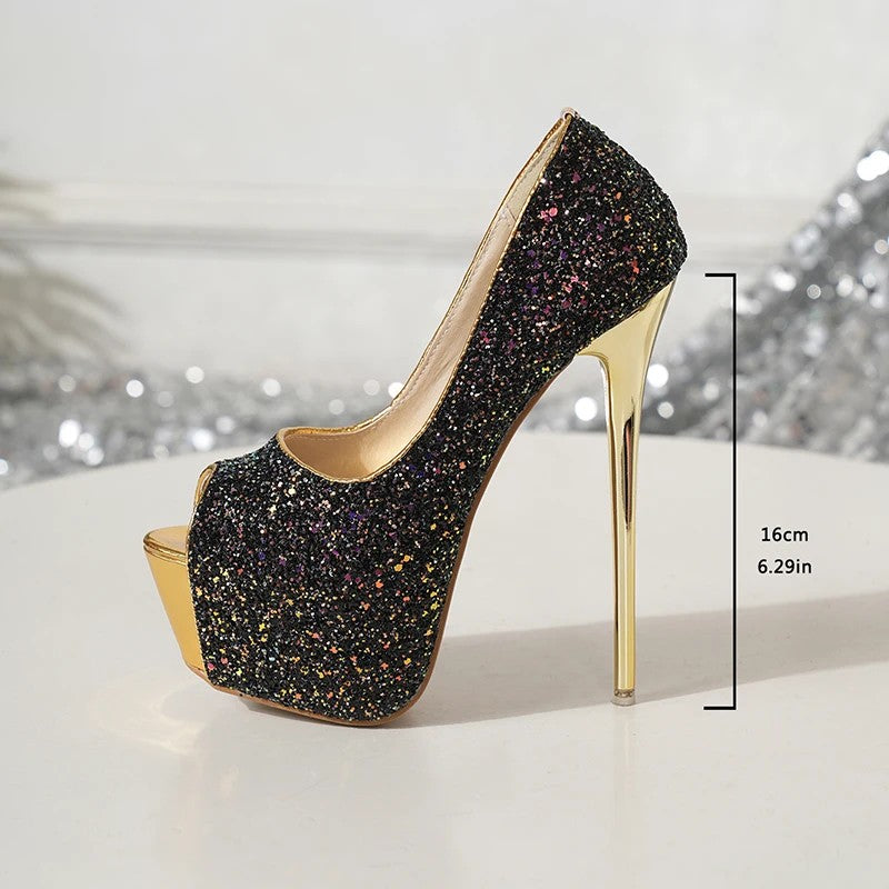 Stellina Glitter Peep-Toe Platform Pumps