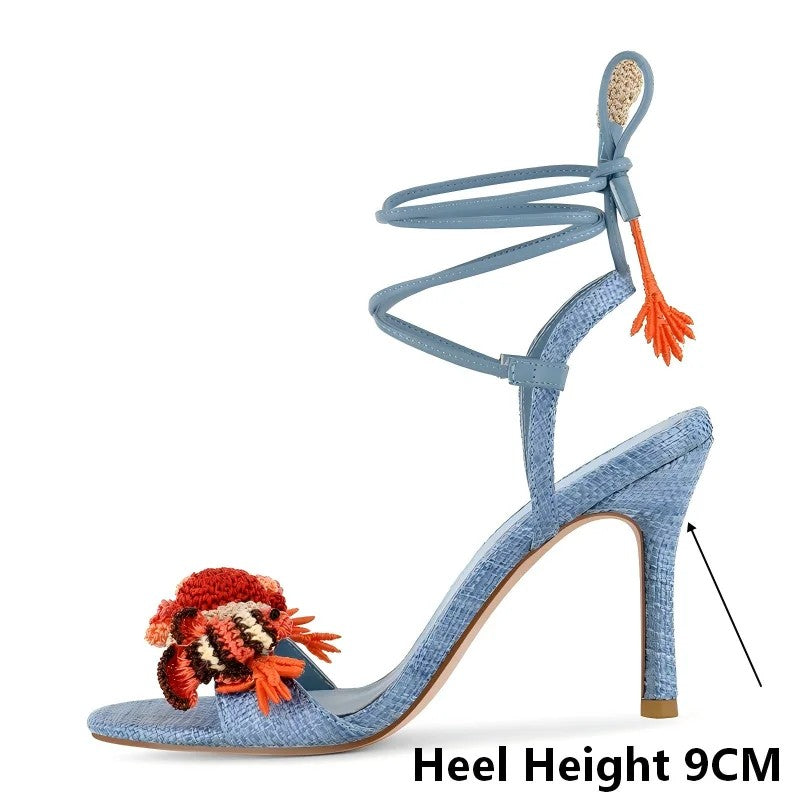 Corallina Woven-Toe Ankle-Tie Stilettos