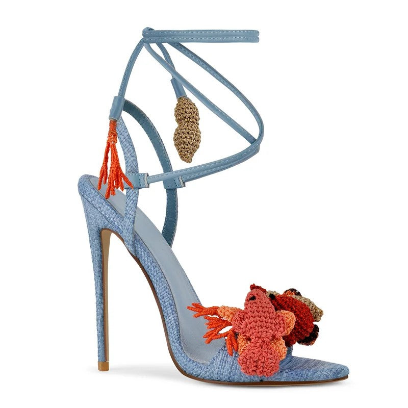 Corallina Woven-Toe Ankle-Tie Stilettos