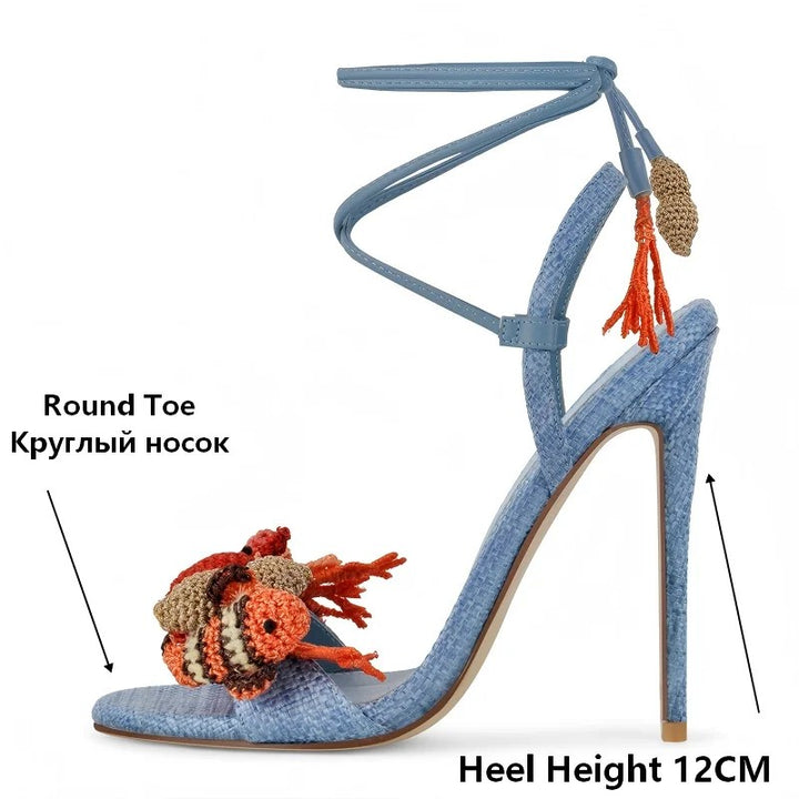 Corallina Woven-Toe Ankle-Tie Stilettos
