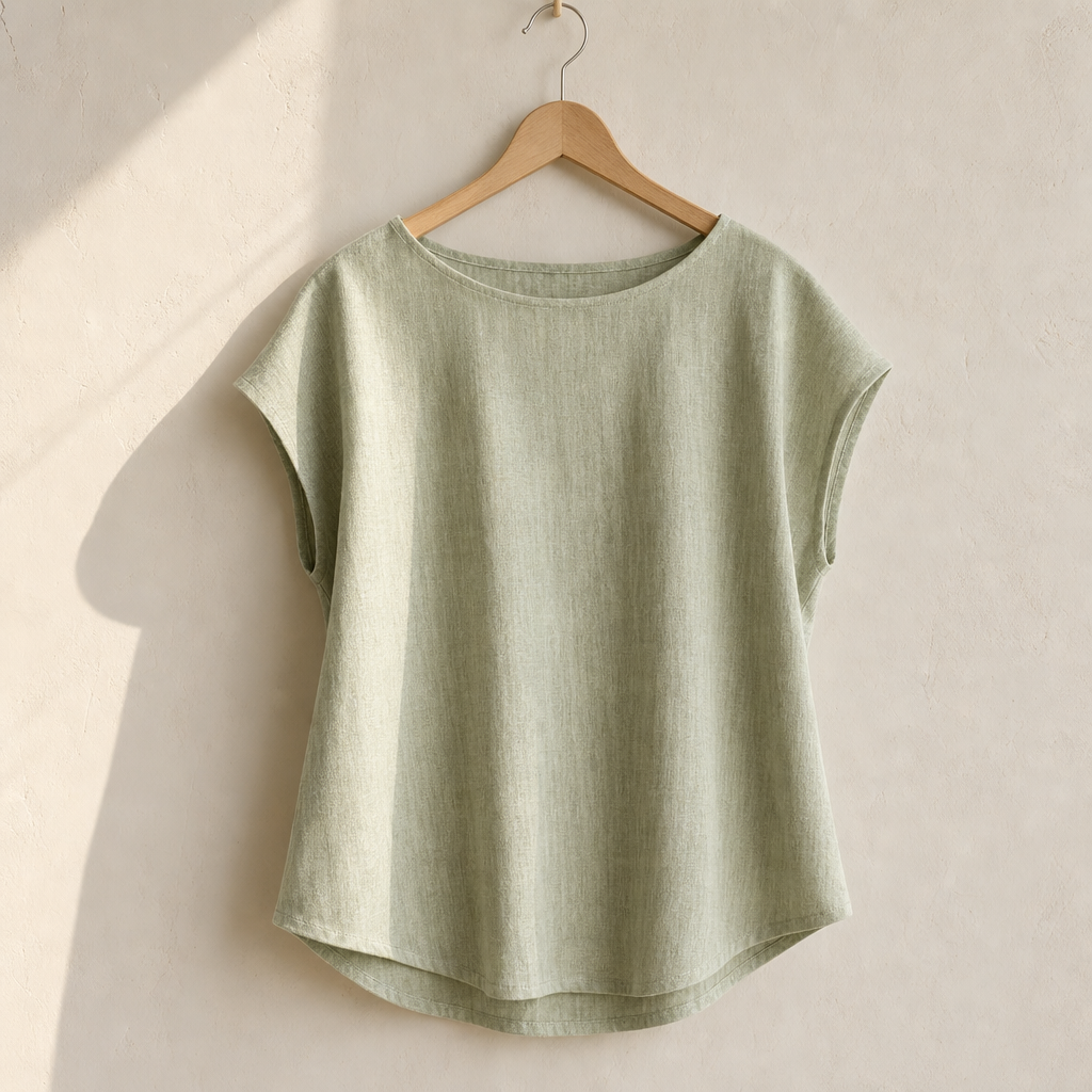 Claudette Cap Sleeve Linen Top — 05_styled_on_hanger