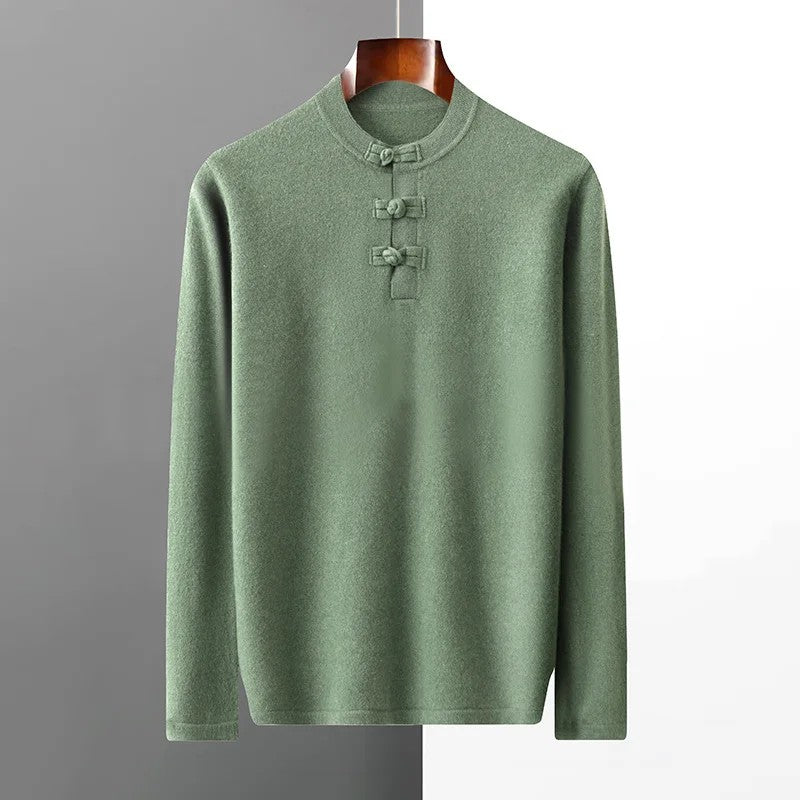 Mandarin Frog-Button Wool Pullover