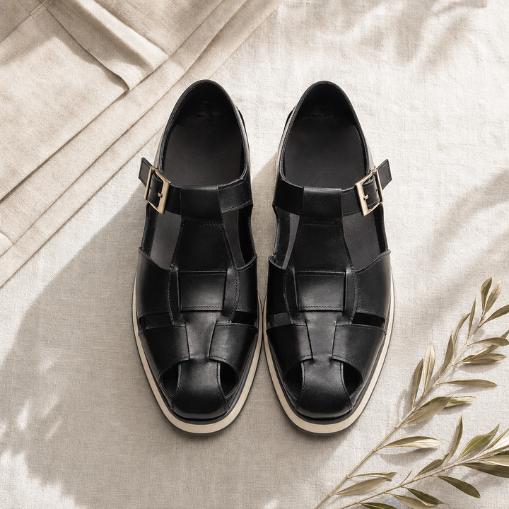 Caligo Fisherman Sandals — 04_top_down_flatlay_styled