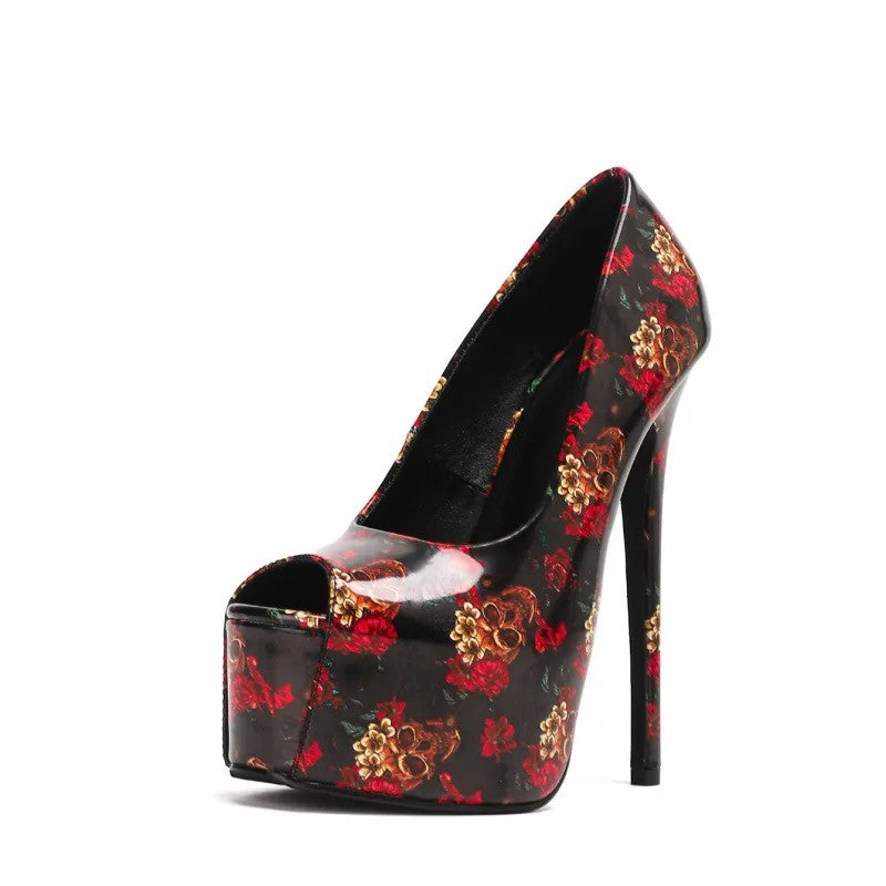 Rosario Skull-Floral Platform Peep-Toe Stilettos