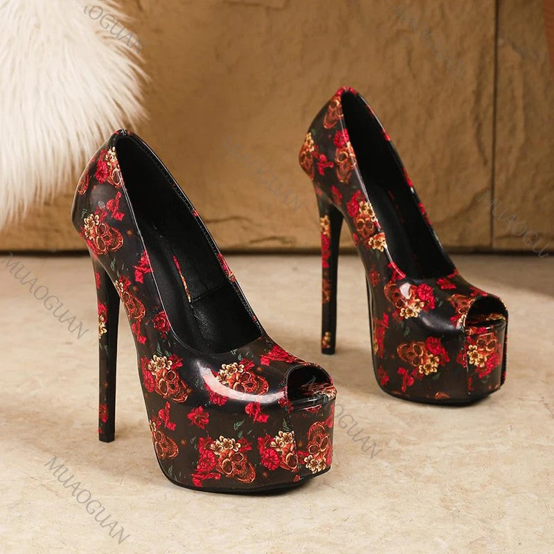 Teschio Skull-Floral Platform Peep-Toe Pumps