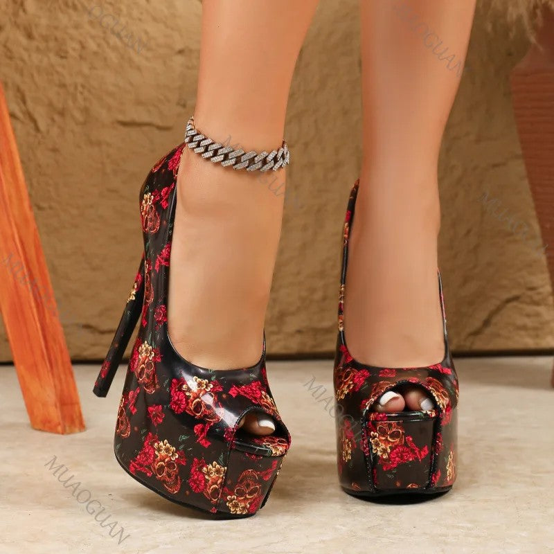 Teschio Skull-Floral Platform Peep-Toe Pumps