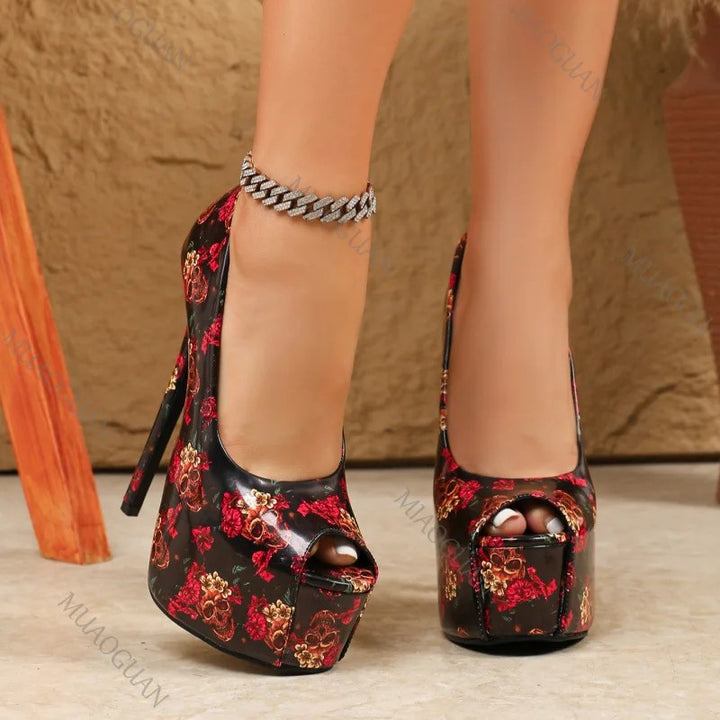 Teschio Skull-Floral Platform Peep-Toe Pumps