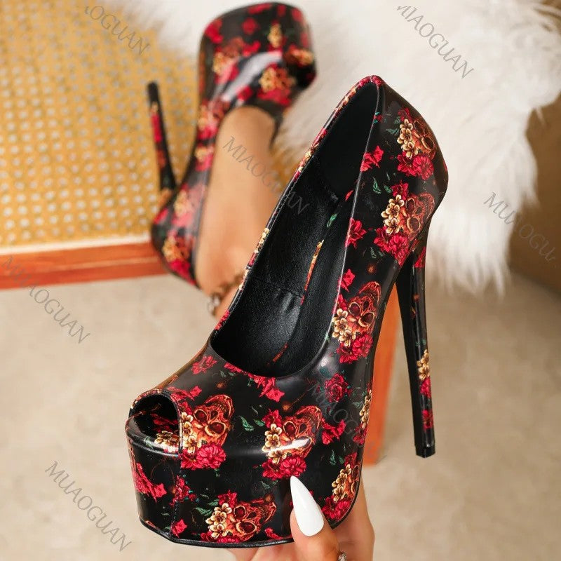 Teschio Skull-Floral Platform Peep-Toe Pumps