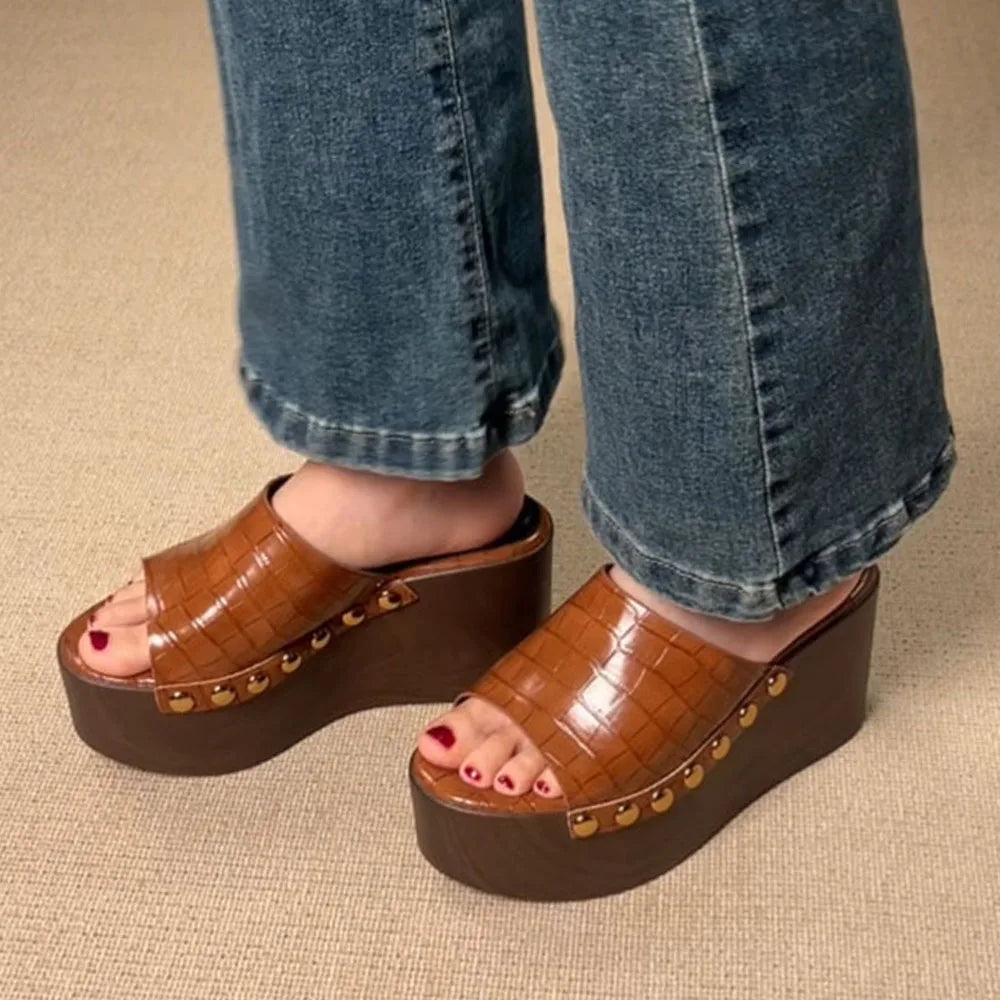 Brindle Studded Platform Mules