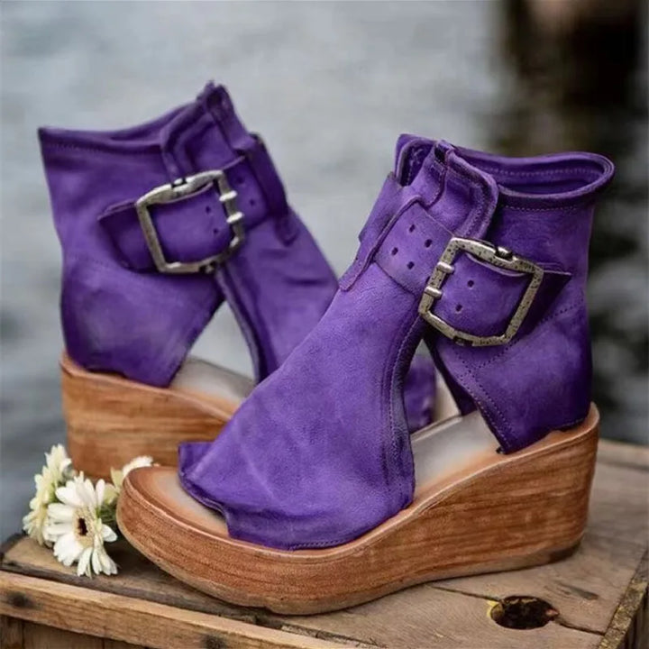 Cavaliera Buckle Peep-Toe Wedge Booties