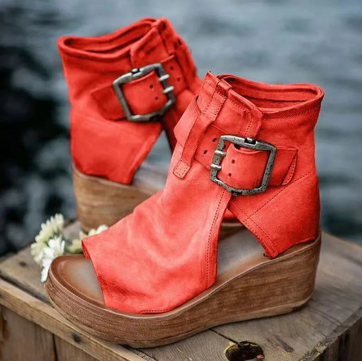 Cavaliera Buckle Peep-Toe Wedge Booties