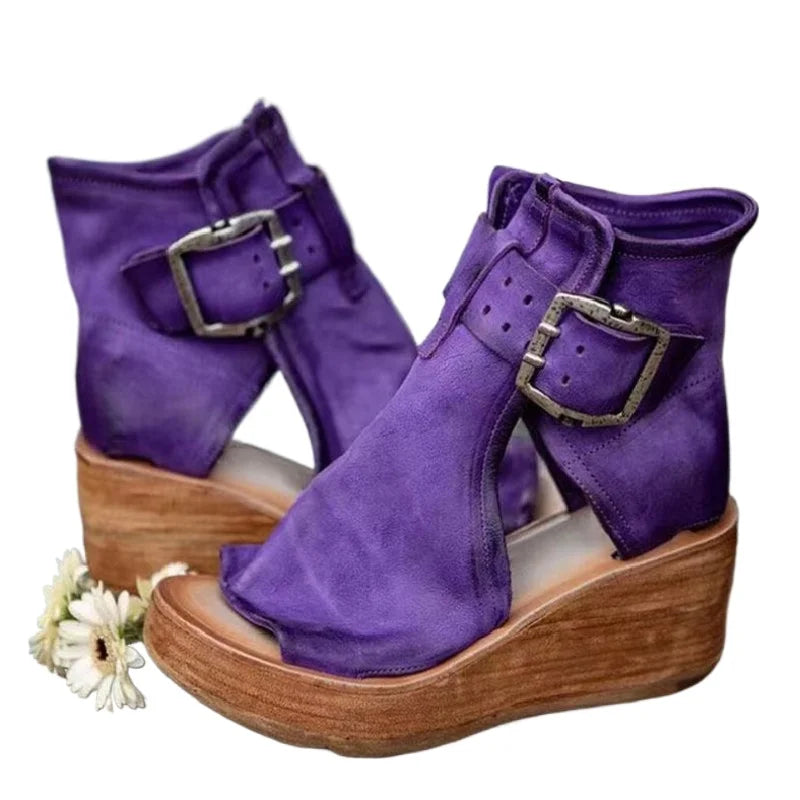 Cavaliera Buckle Peep-Toe Wedge Booties