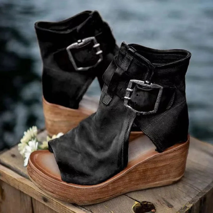 Cavaliera Buckle Peep-Toe Wedge Booties