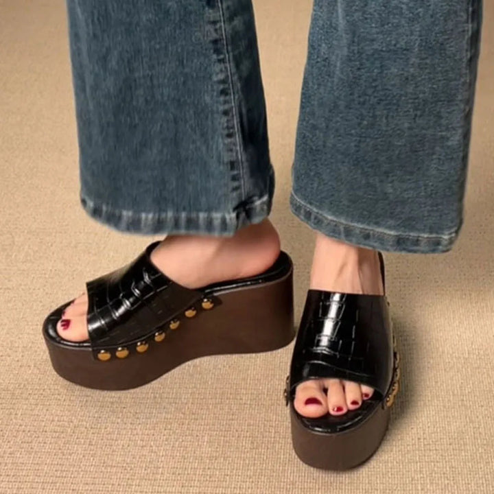 Brindle Studded Platform Mules