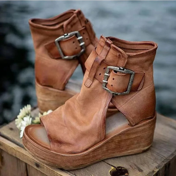 Cavaliera Buckle Peep-Toe Wedge Booties