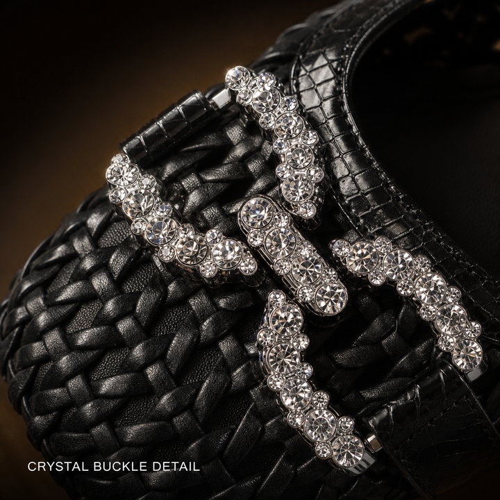 Tressa Woven Crystal Pumps — 02_crystal_buckle_macro