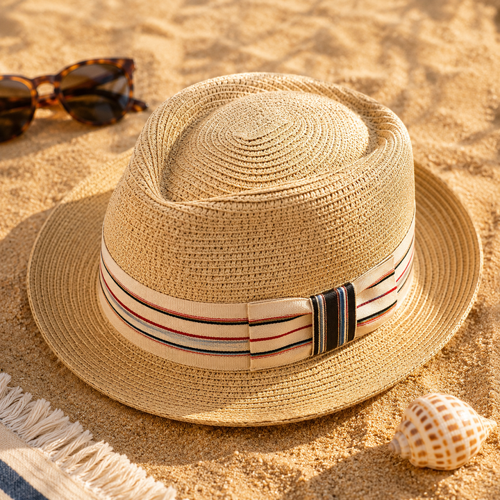 Boardwalk Striped Straw Fedora — 05_beach_lifestyle_flatlay